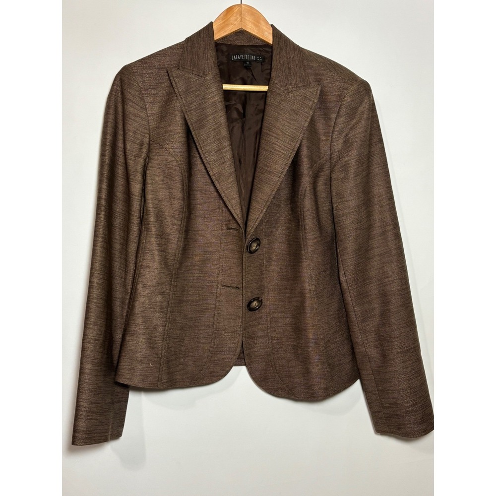 Lafayette 148‎ Blazer Womens 10 Brown Virgin Wool Blend 2-Button Textured Jacket